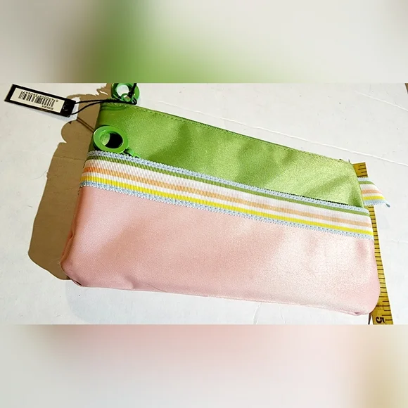 Sephora Ivy green pink stripes divider pocket front pocket signed hardware pouch - Picture 2 of 8